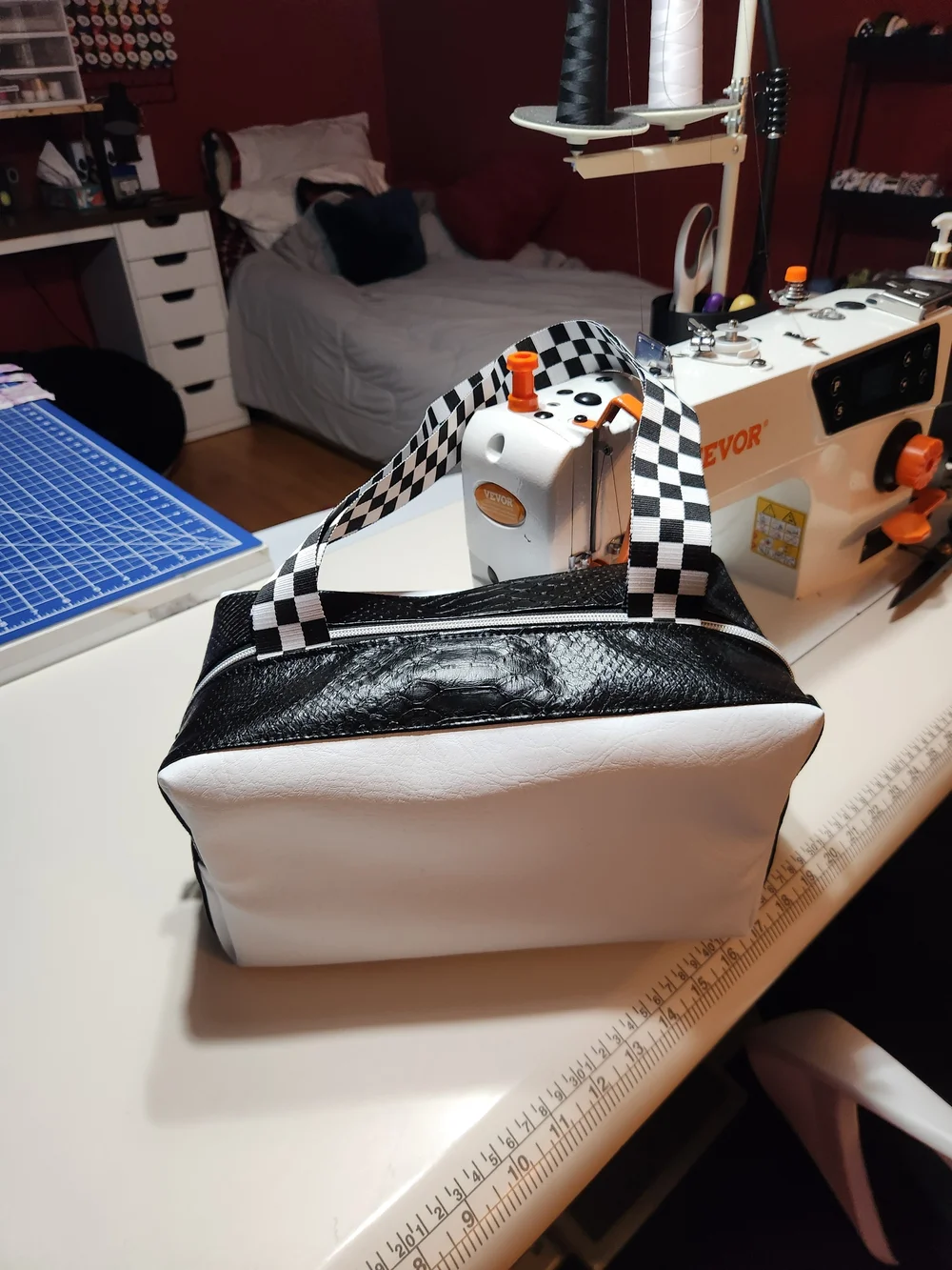 Black & White Checker Strap Cosmetic Bag